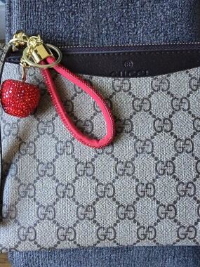 Signture Gray/Beige Canvas Wristlet with Red Strap